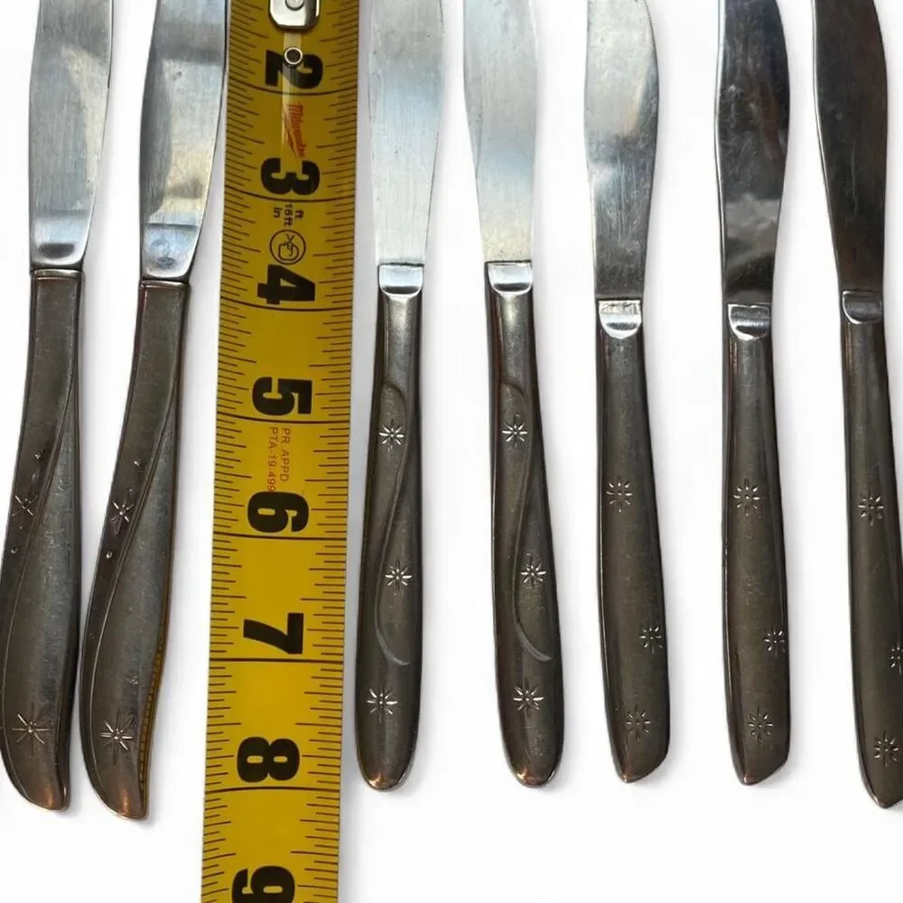 Vintage MCM Midcentury Modern Whimsigoth Set of 8 Silver Knifes Boho Star Motifs
